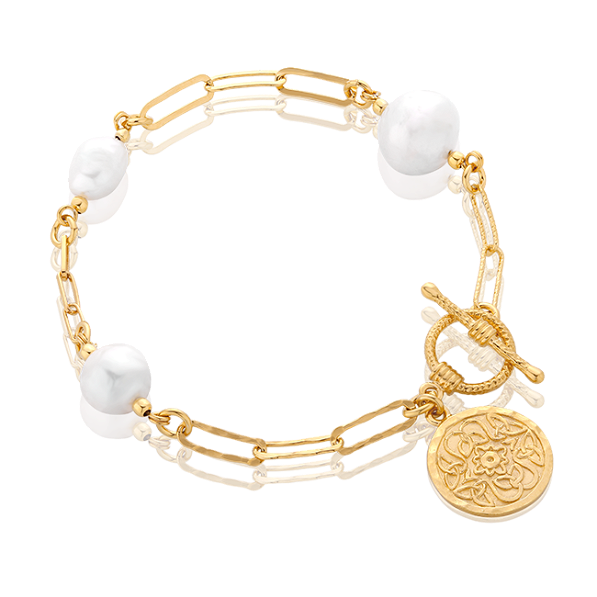 Bransoletka łańcuch z nieregularnymi perłami i medalikiem Mokobelle