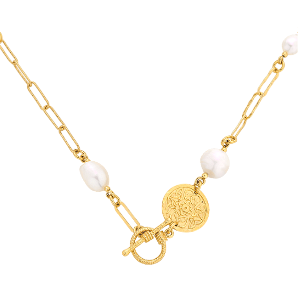 Naszyjnik łańcuch z perłami i medalikiem Mokobelle