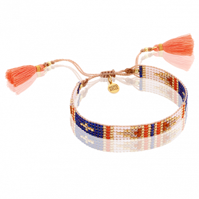 Navy blue and orange braided bracelet with neon tassels