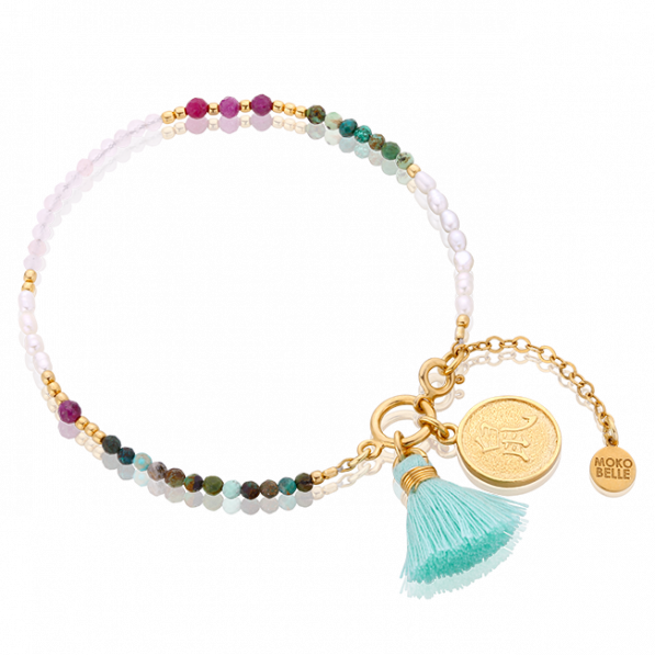 Bracelet of natural stones with Chinese zodiac and mint green tassel