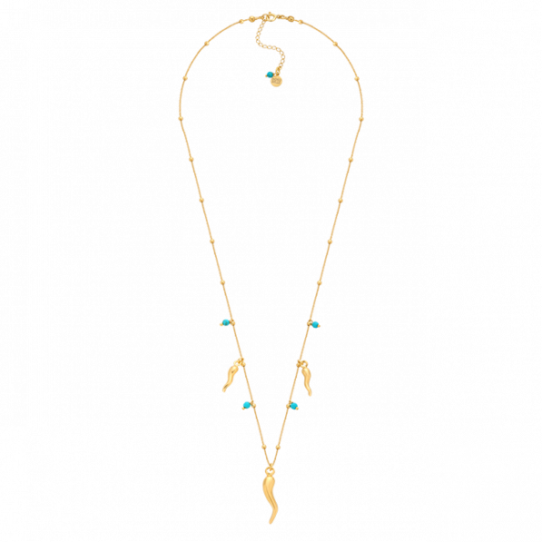 Necklace with turquoise stones and pendants in the shape of peppers